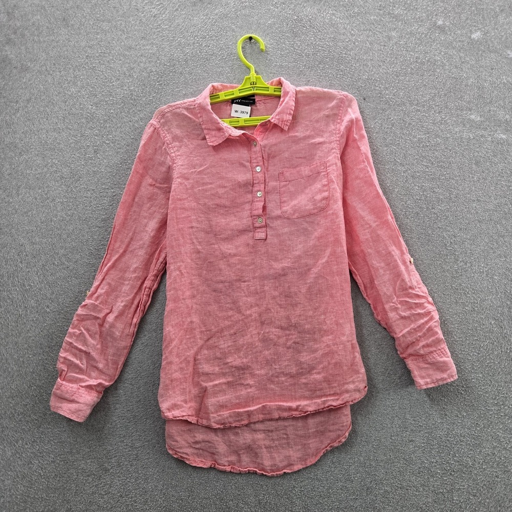 Jones New York Women Button Up Shirt M Pink Linen Collared Front Coastal Beachy